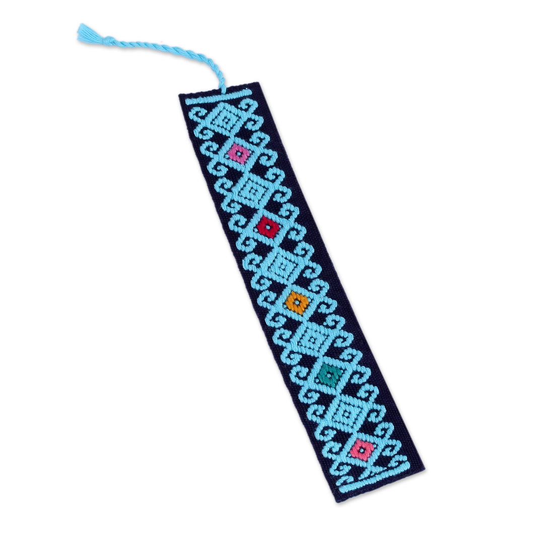 Hand Crafted Sky Blue on Navy Embroidered Cotton Bookmark - Scrolling Diamonds in Blue