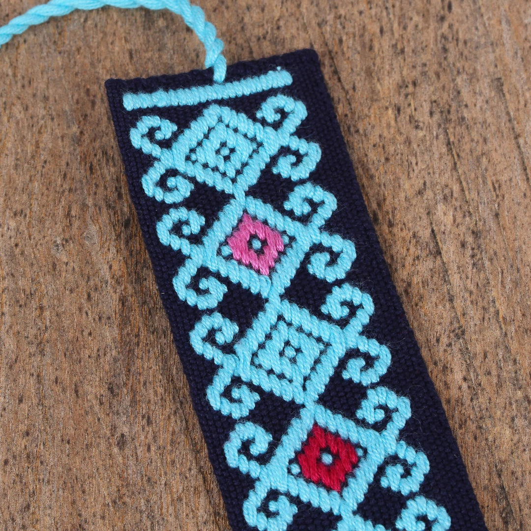 Hand Crafted Sky Blue on Navy Embroidered Cotton Bookmark - Scrolling Diamonds in Blue