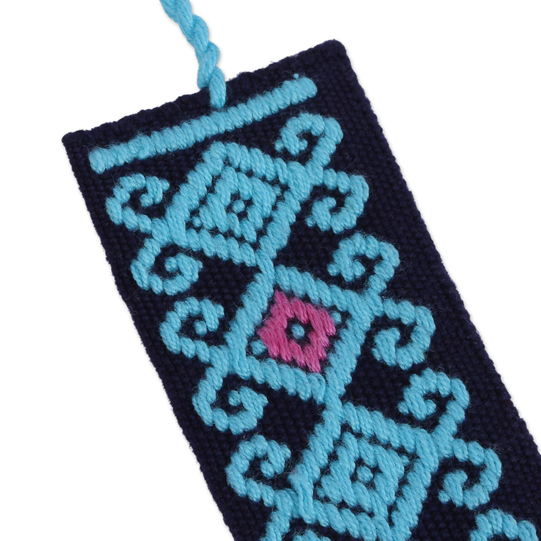 Hand Crafted Sky Blue on Navy Embroidered Cotton Bookmark - Scrolling Diamonds in Blue