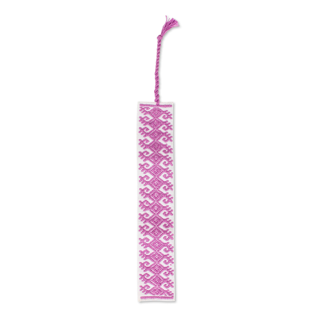 Hand Crafted White and Lilac Embroidered Cotton Bookmark - Lilac Diamonds