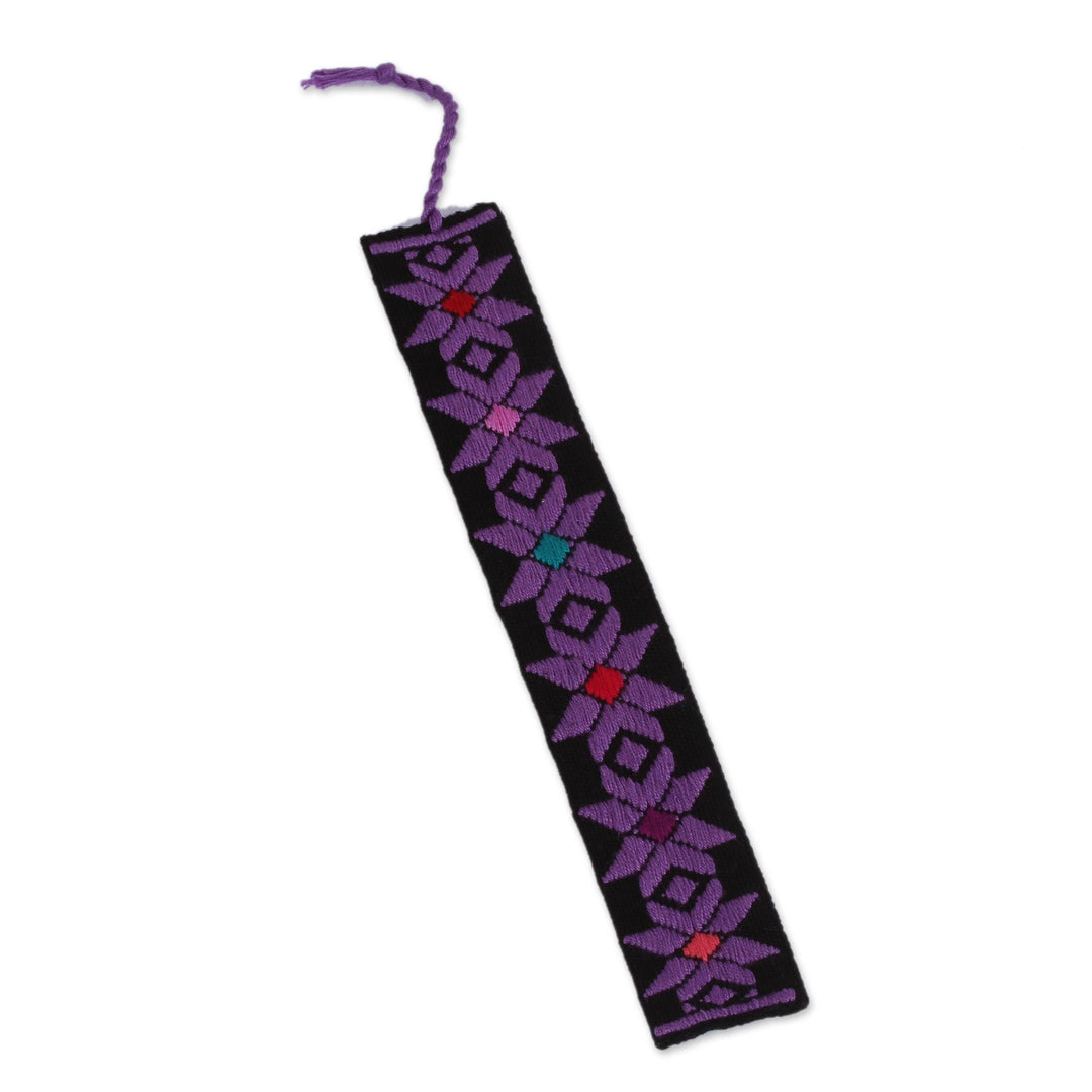 Hand Crafted Multi-Color Embroidered Cotton Bookmark - Purple Star Flower in Black