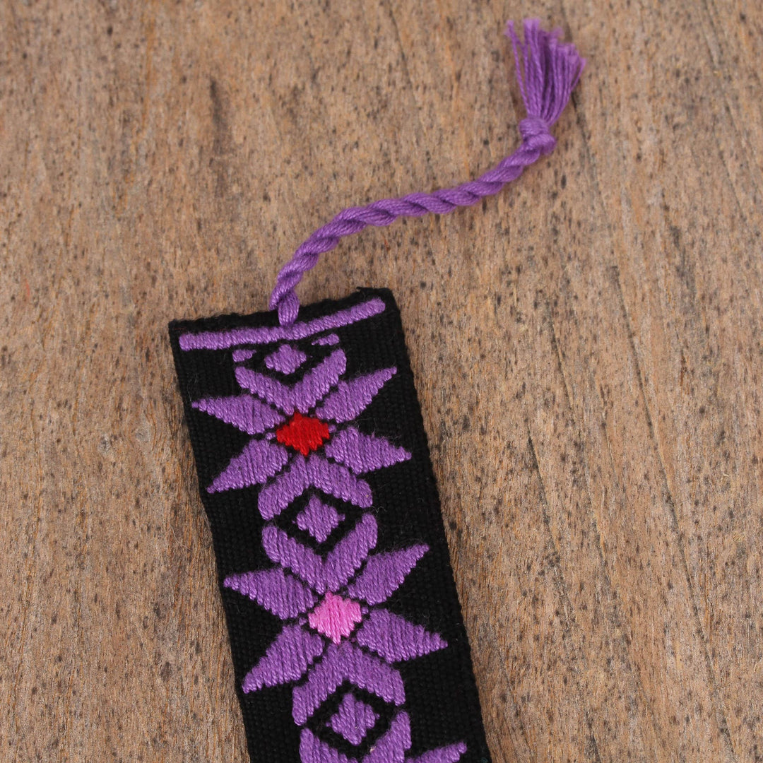 Hand Crafted Multi-Color Embroidered Cotton Bookmark - Purple Star Flower in Black