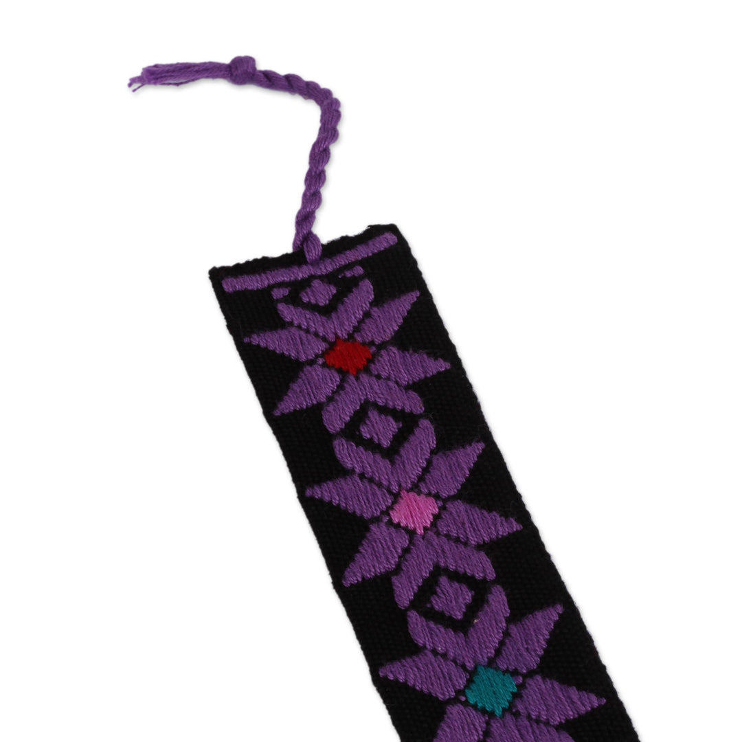 Hand Crafted Multi-Color Embroidered Cotton Bookmark - Purple Star Flower in Black