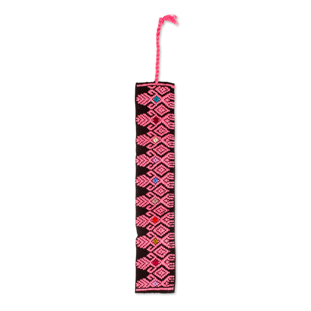 Hand Crafted Pink on Black Embroidered Cotton Bookmark - Pink Dancers