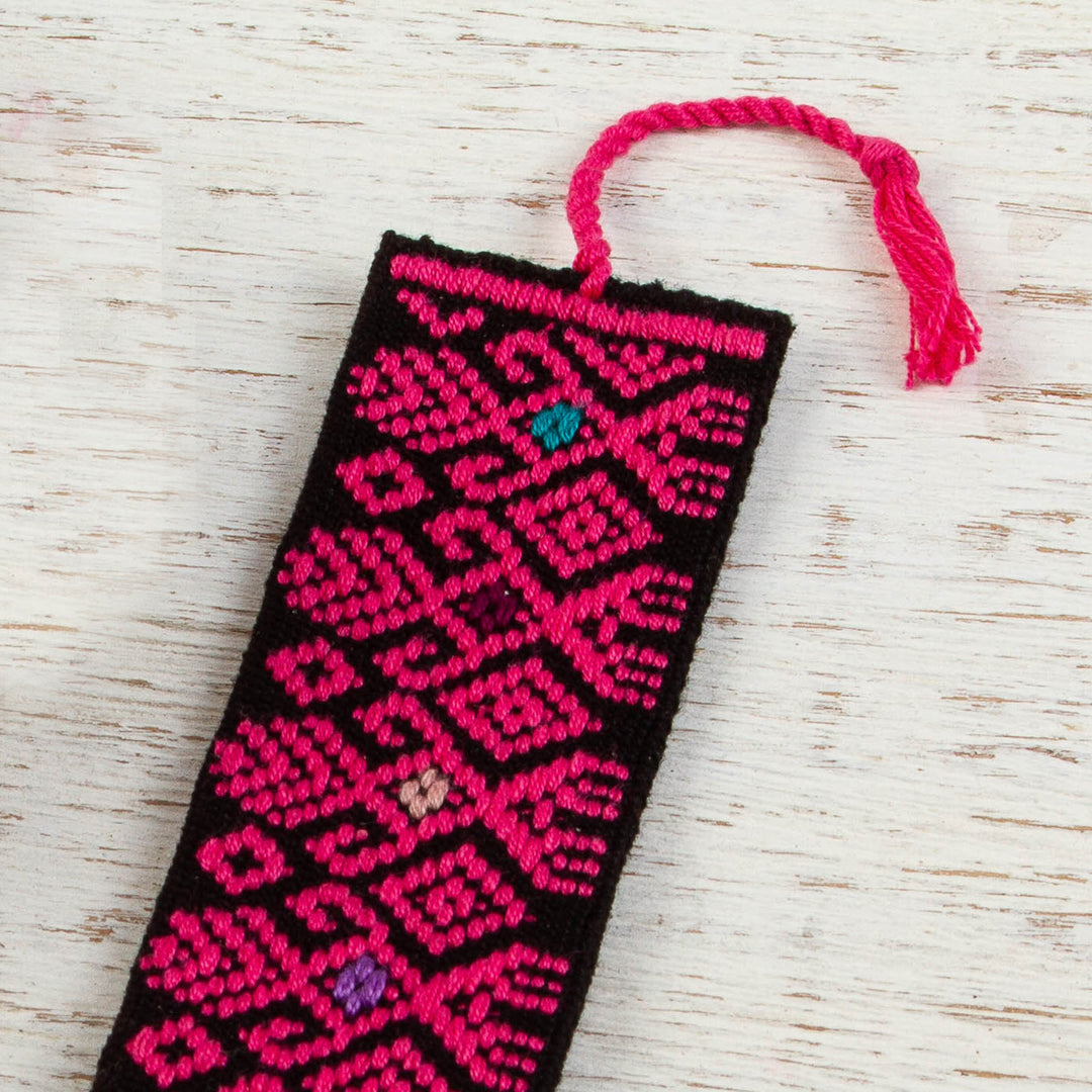 Hand Crafted Pink on Black Embroidered Cotton Bookmark - Pink Dancers