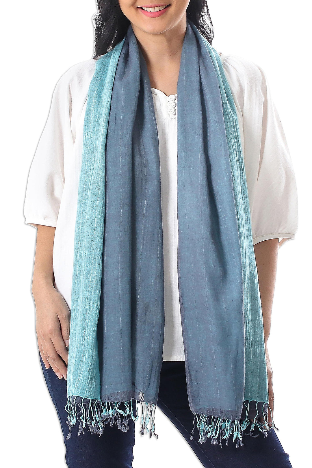 100% Cotton Reversible Blue and Grey Fringed Scarf - Ocean Tones