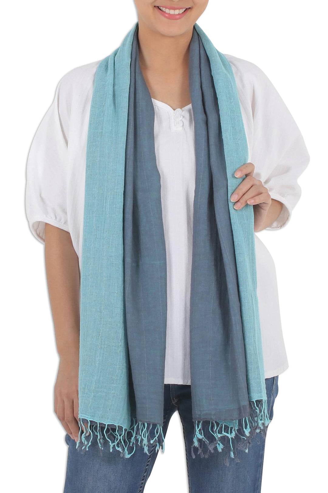 100% Cotton Reversible Blue and Grey Fringed Scarf - Ocean Tones