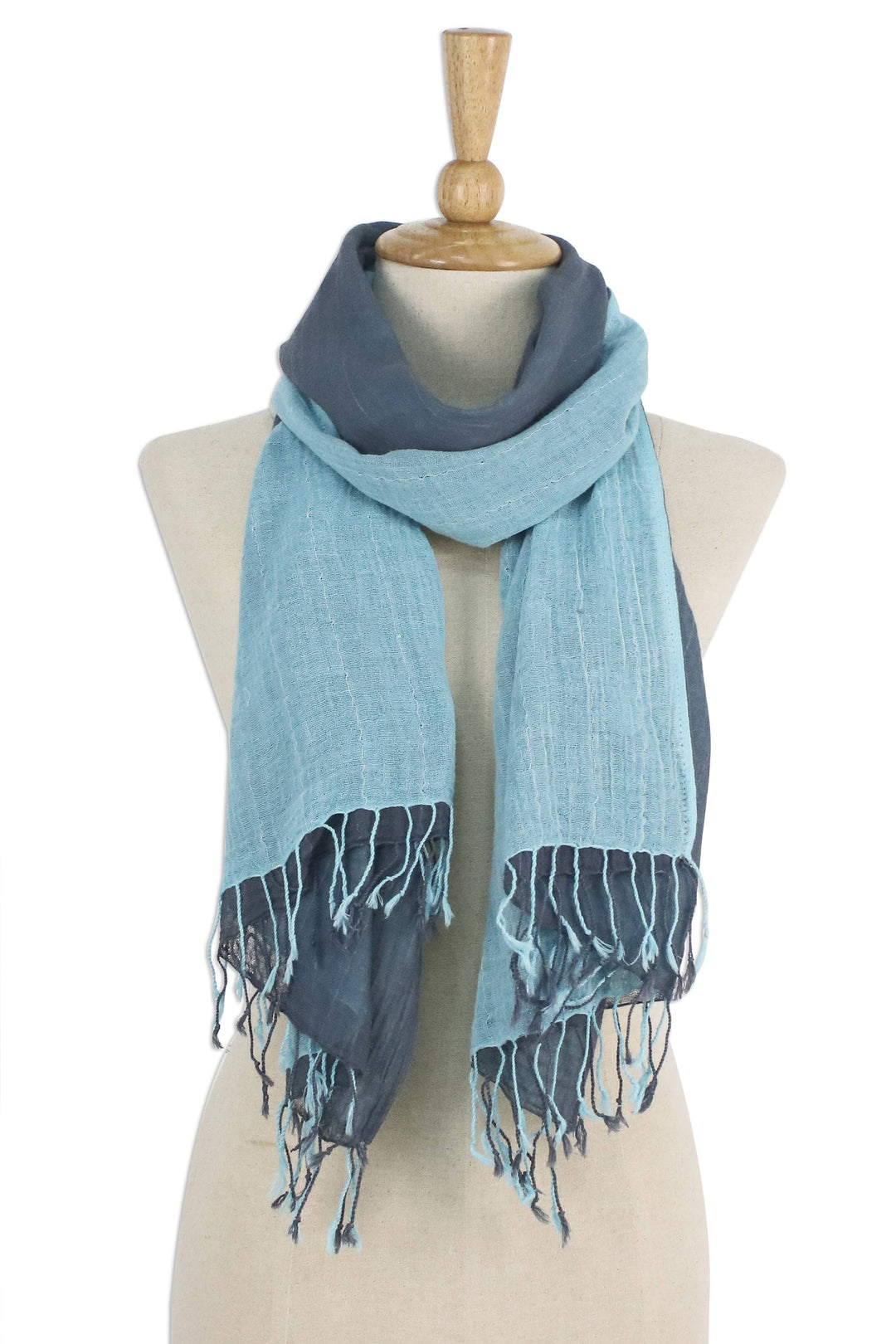 100% Cotton Reversible Blue and Grey Fringed Scarf - Ocean Tones