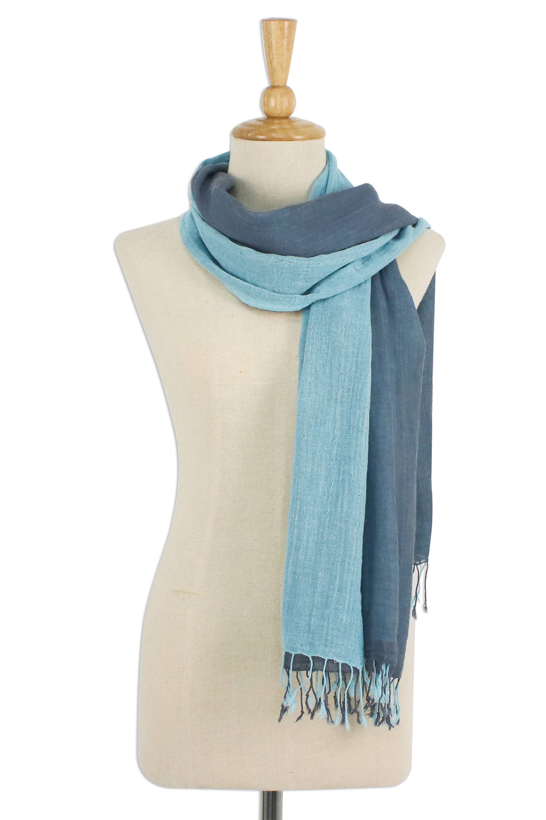 100% Cotton Reversible Blue and Grey Fringed Scarf - Ocean Tones