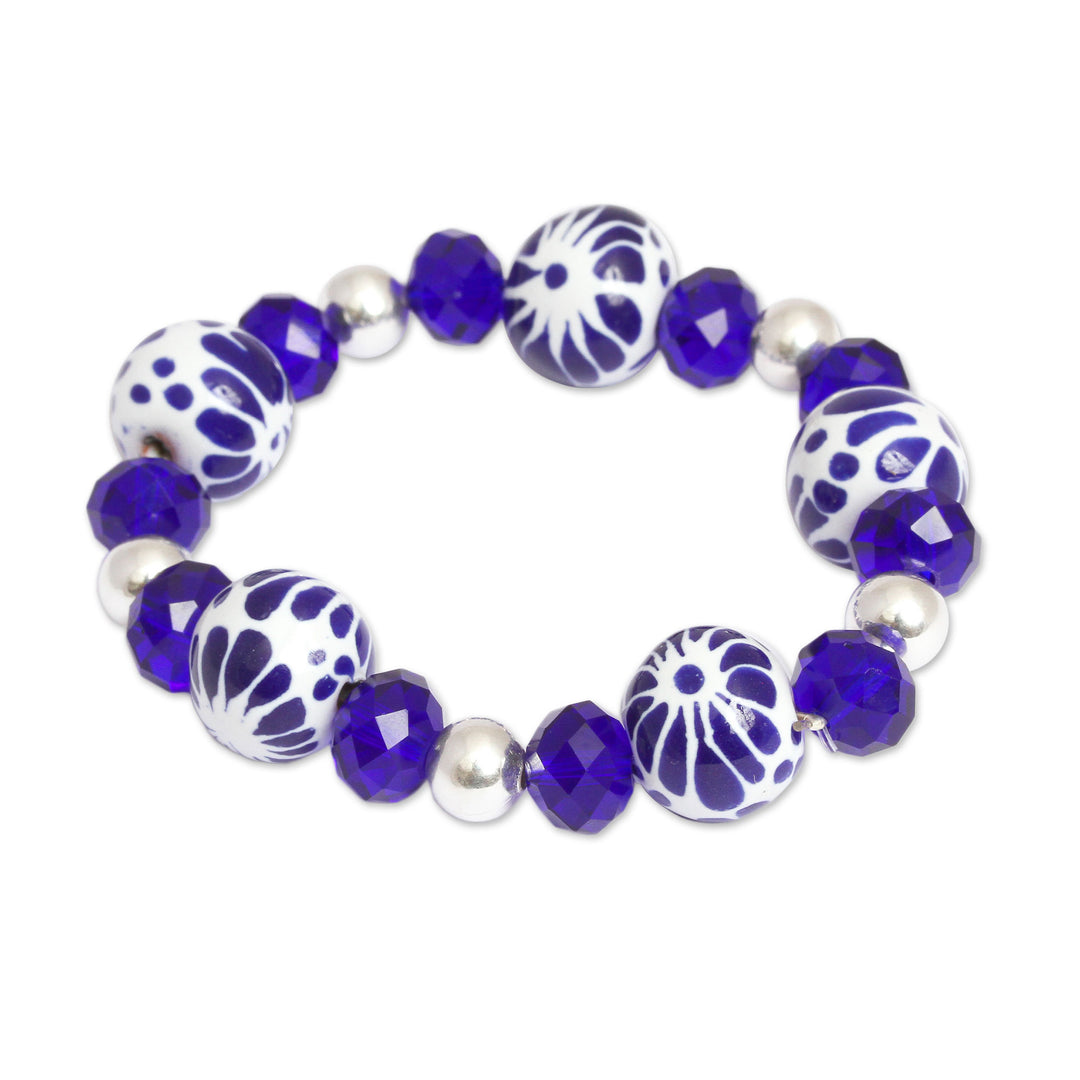 Ceramic Puebla Bead, Blue and Silver Stretch Bracelet - Indigo Twilight
