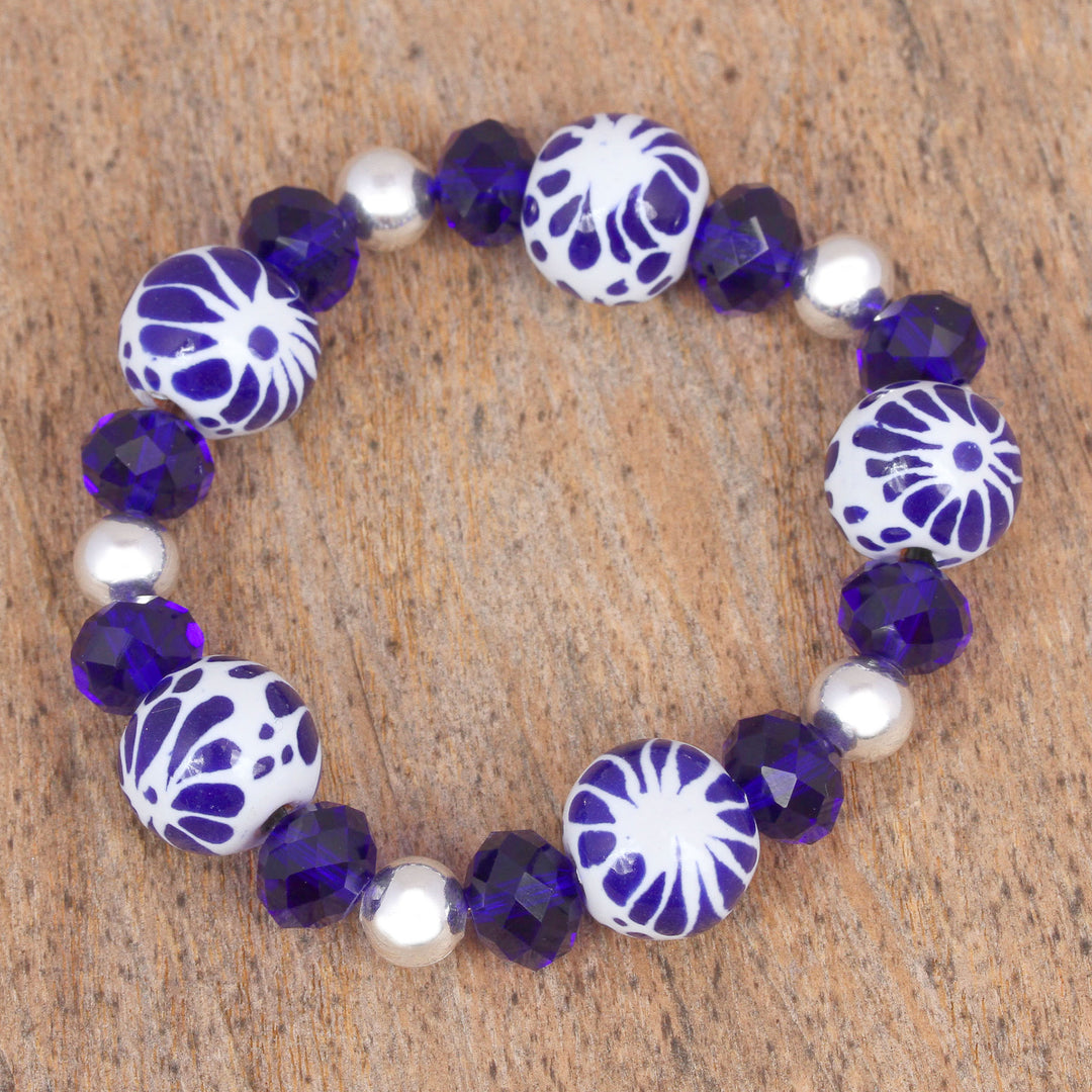 Ceramic Puebla Bead, Blue and Silver Stretch Bracelet - Indigo Twilight