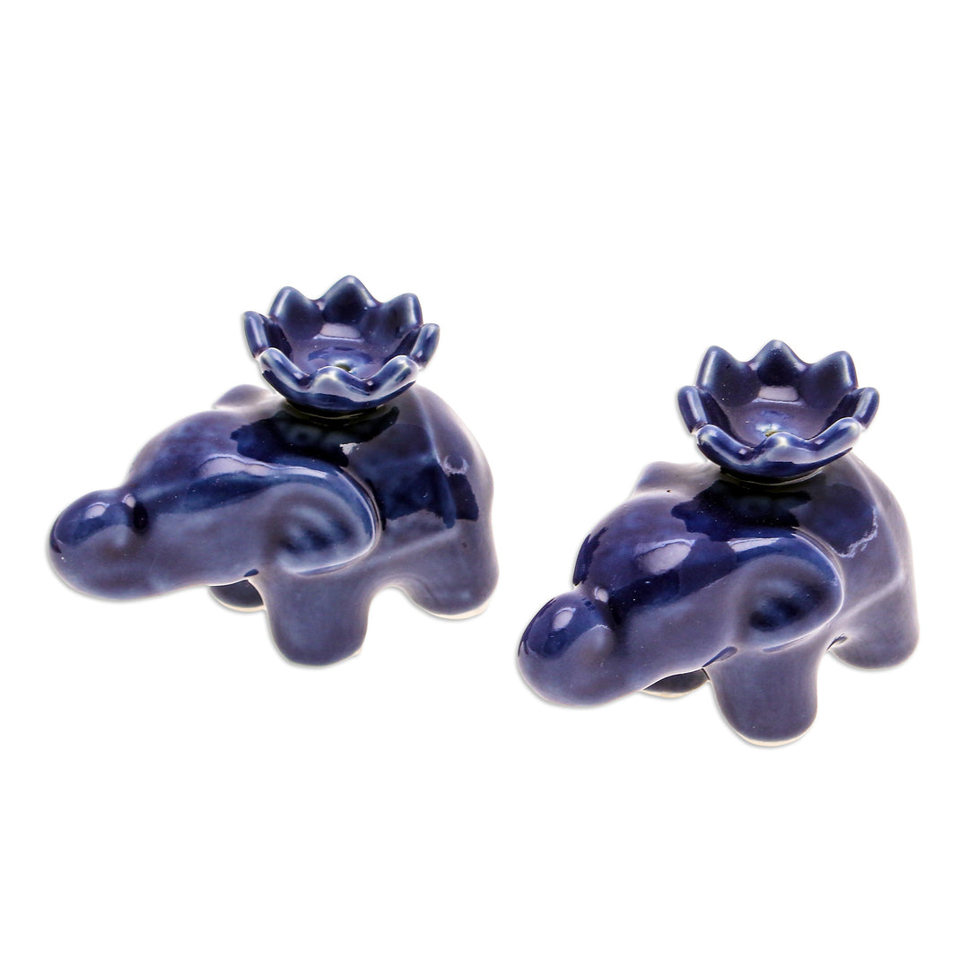 Blue Ceramic Elephant with Lotus Incense Holders (Pair) - Lotus Elephant in Blue