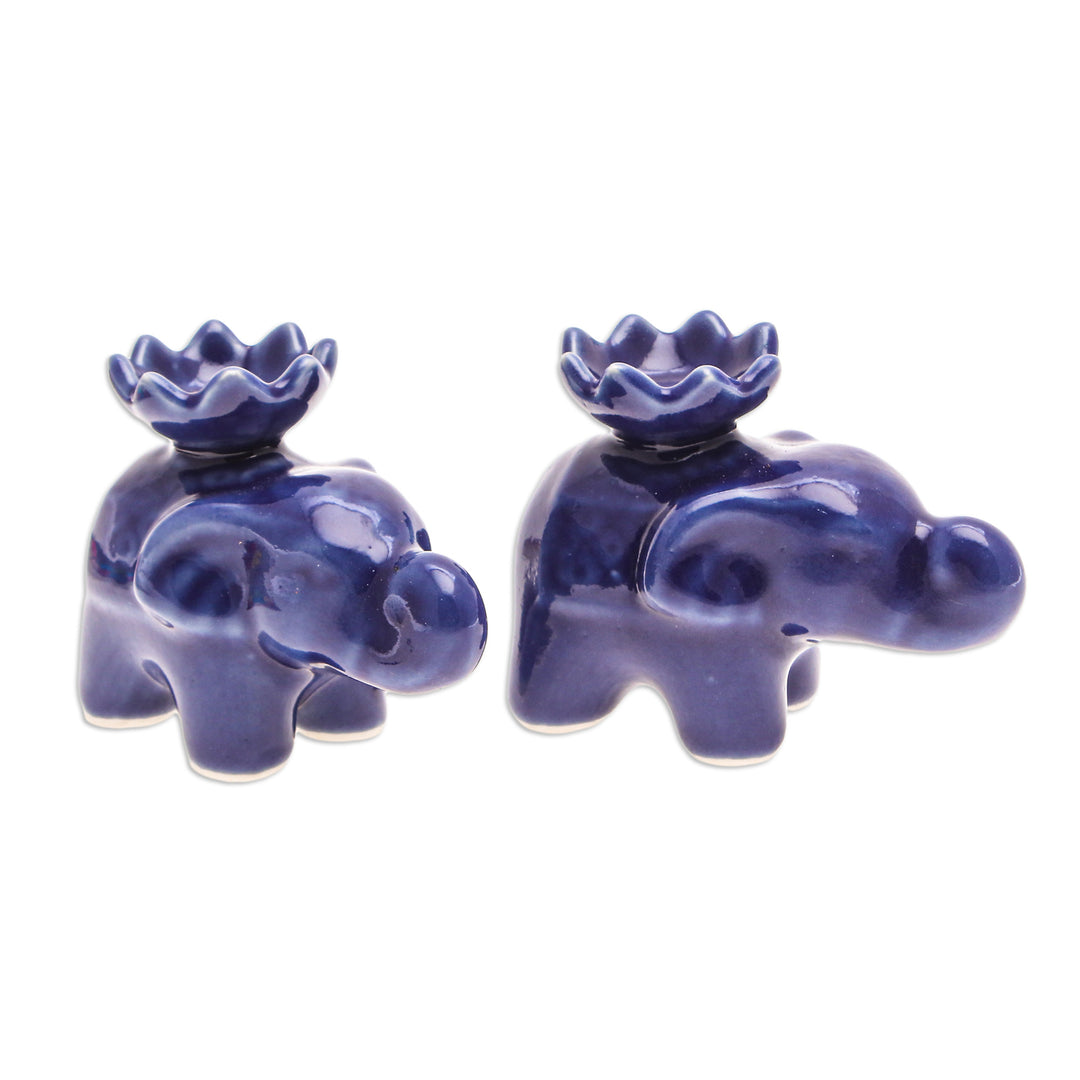 Blue Ceramic Elephant with Lotus Incense Holders (Pair) - Lotus Elephant in Blue