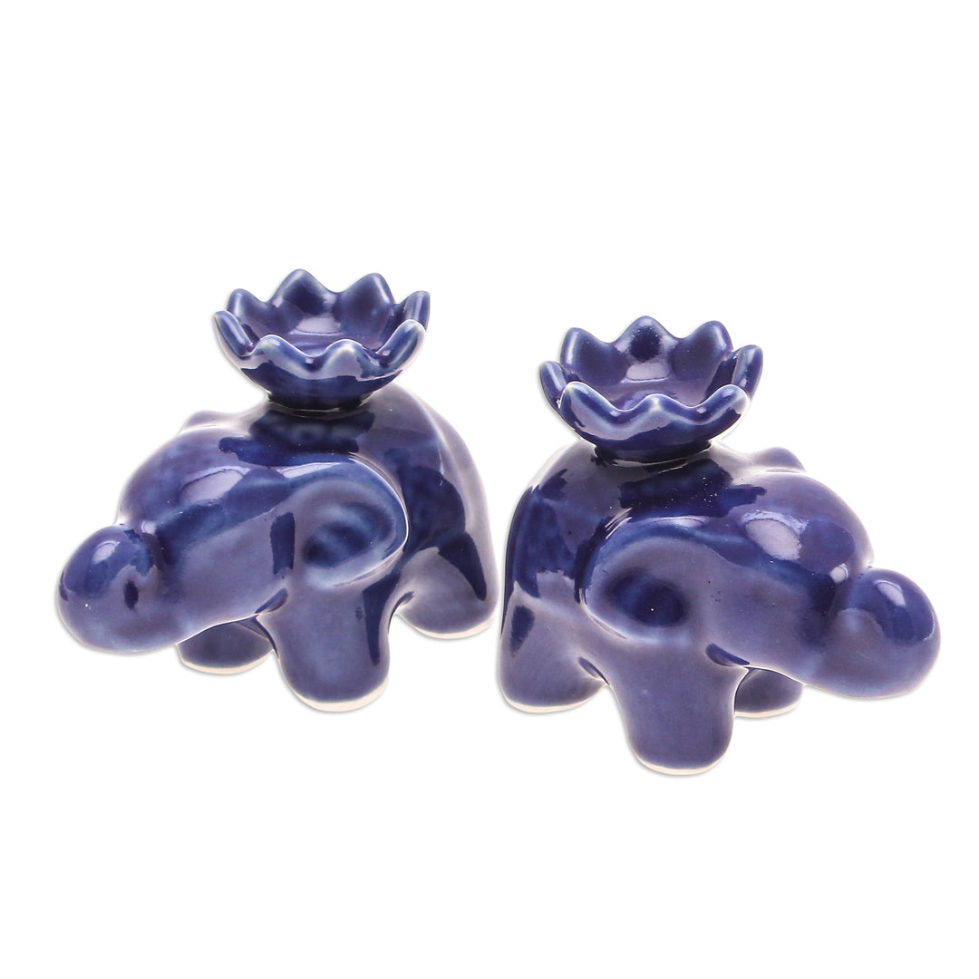 Blue Ceramic Elephant with Lotus Incense Holders (Pair) - Lotus Elephant in Blue