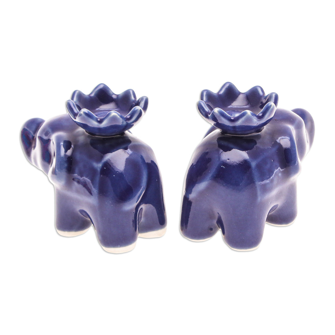 Blue Ceramic Elephant with Lotus Incense Holders (Pair) - Lotus Elephant in Blue