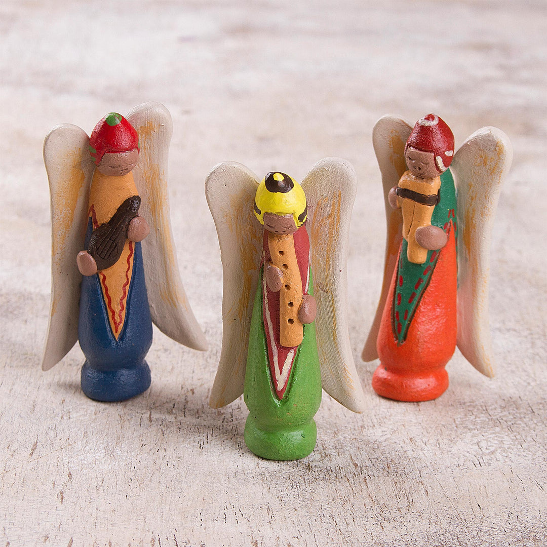 Three Hand-Painted Ceramic Angel Figurines from Peru - Andean Angels