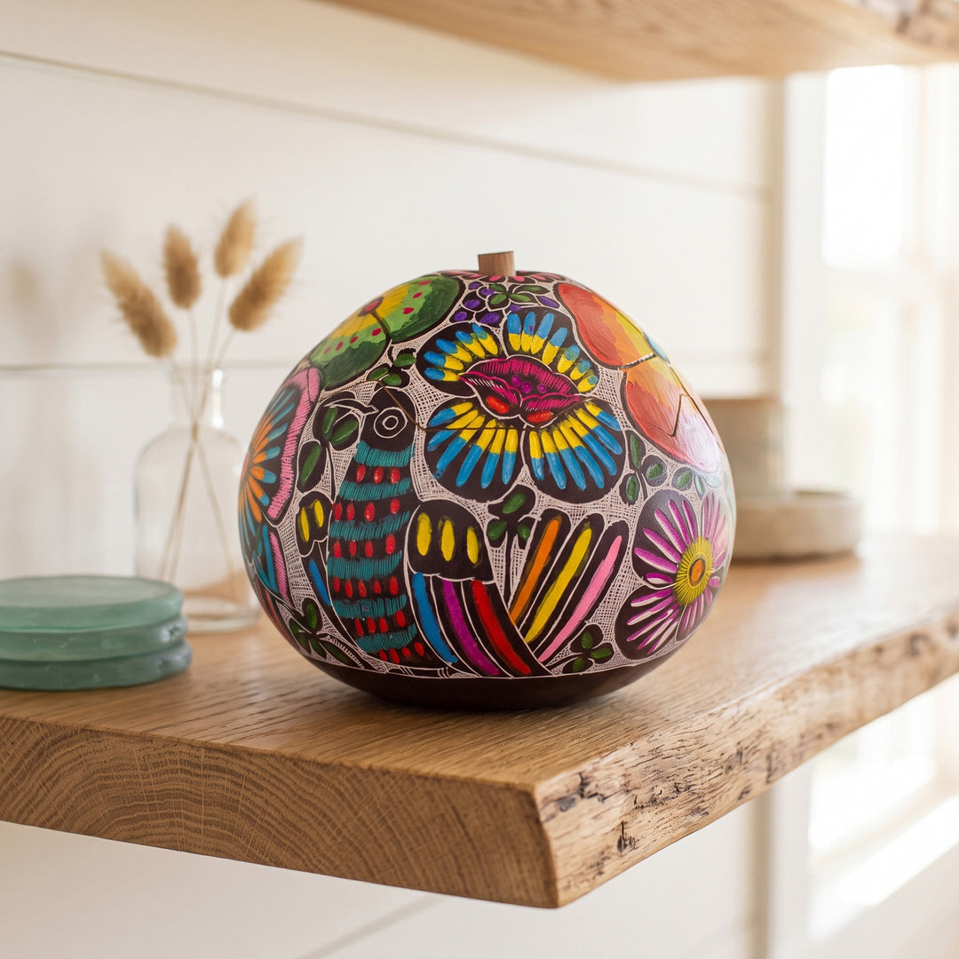 Hand-Painted Birds and Flowers Gourd Decorative Box - Dawn's Song