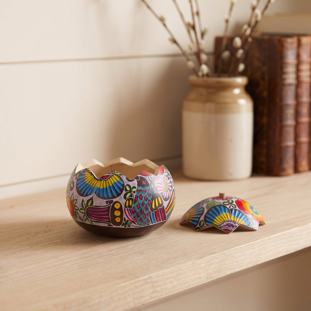 Hand Carved and Painted Birds Flowers Gourd Decorative Box - Garden Song