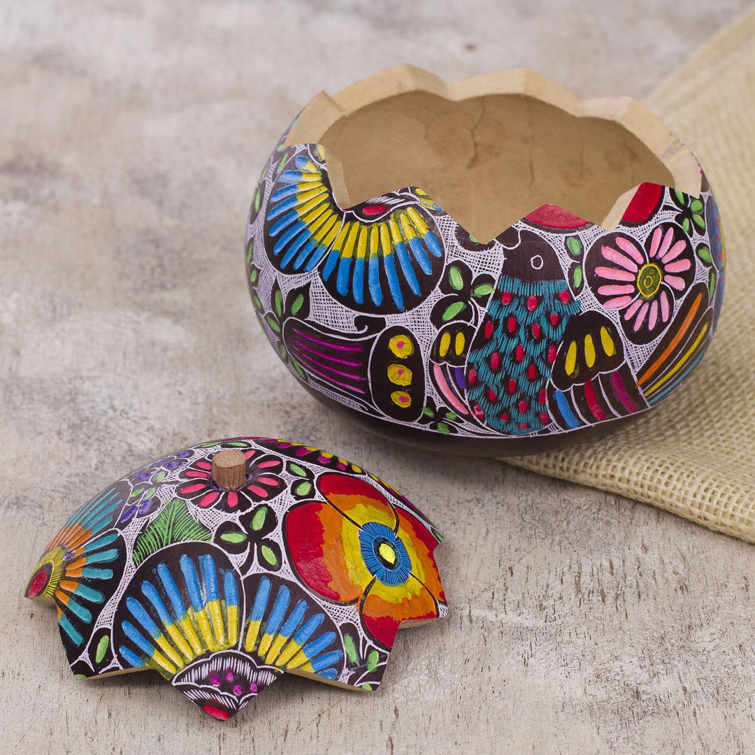 Hand Carved and Painted Birds Flowers Gourd Decorative Box - Garden Song