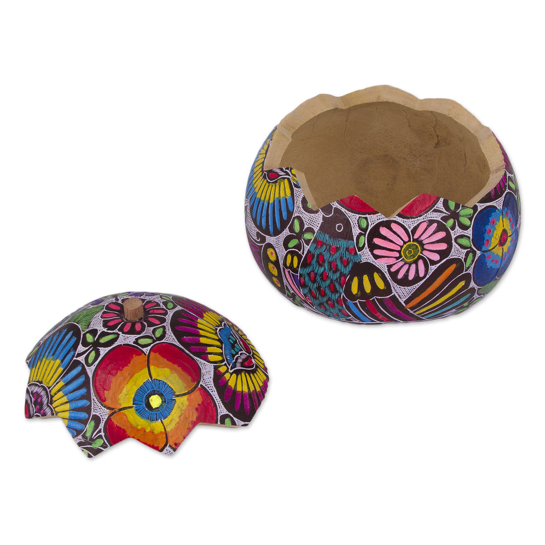 Hand Carved and Painted Birds Flowers Gourd Decorative Box - Garden Song