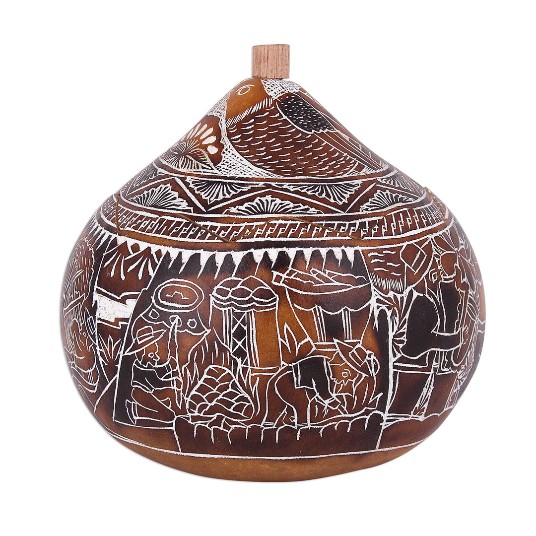 Hand Carved Gourd Decorative Box with Harvest Dance Scene - Harvest Dance