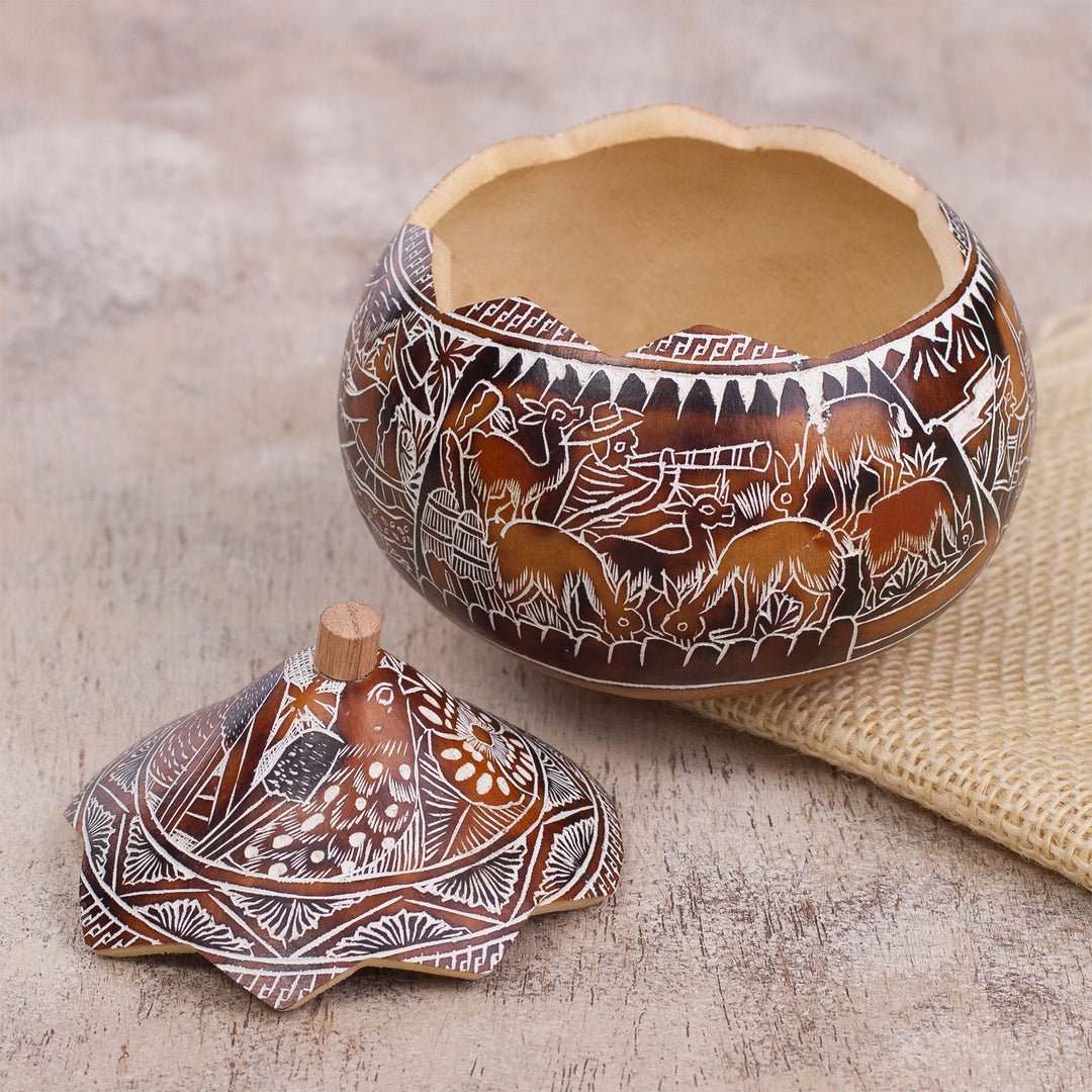 Hand Carved Gourd Decorative Box with Harvest Dance Scene - Harvest Dance