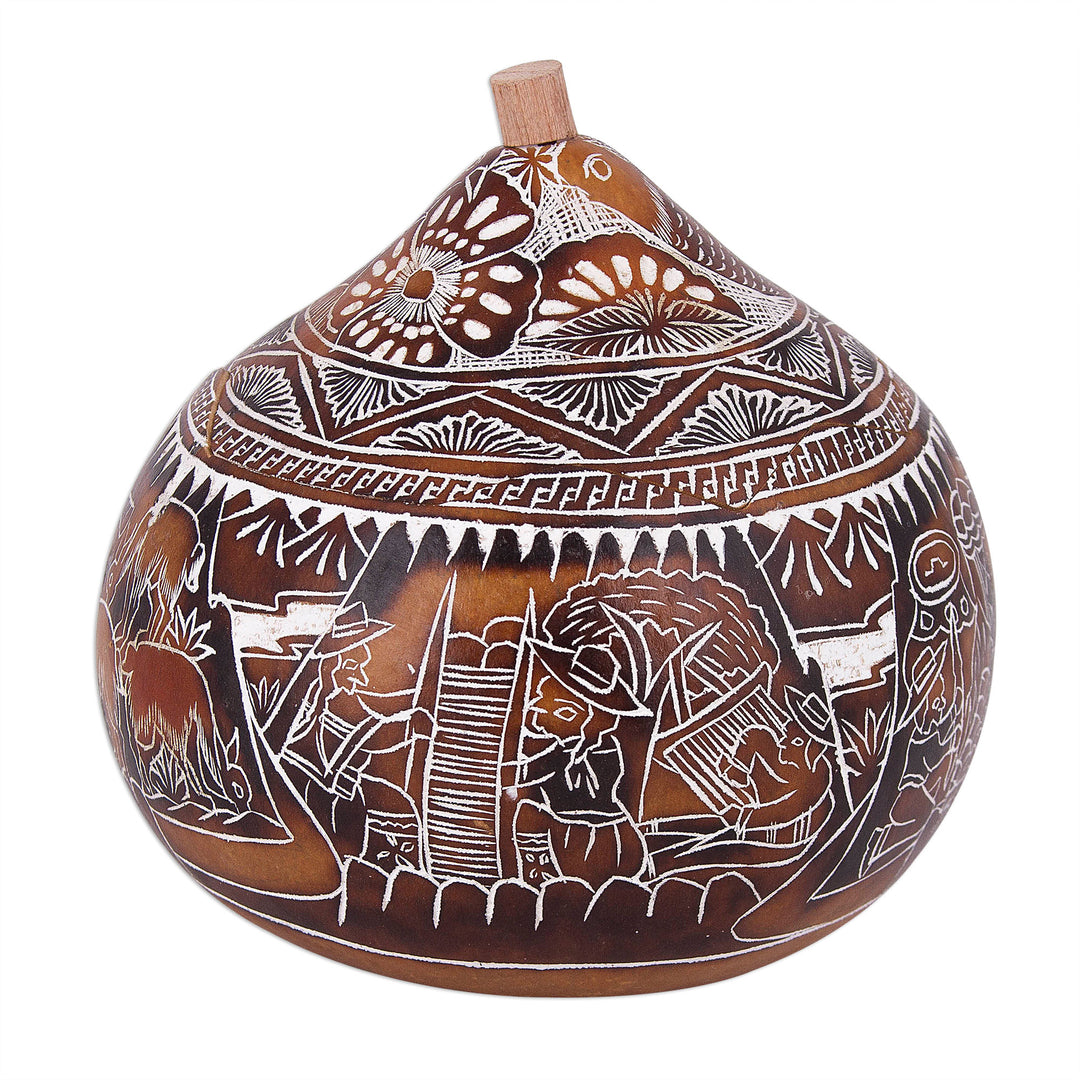 Hand Carved Gourd Decorative Box with Harvest Dance Scene - Harvest Dance