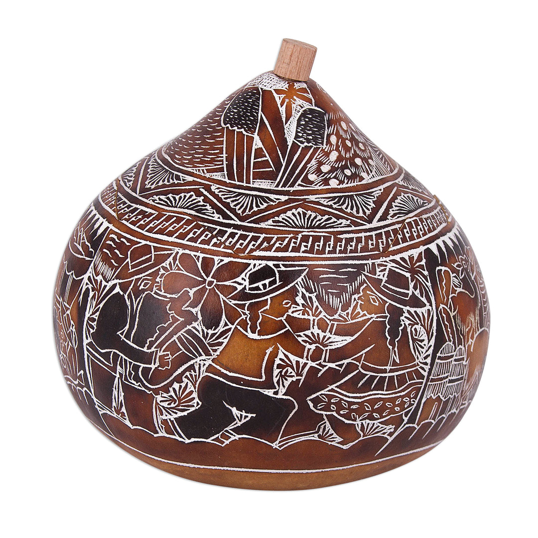 Hand Carved Gourd Decorative Box with Harvest Dance Scene - Harvest Dance