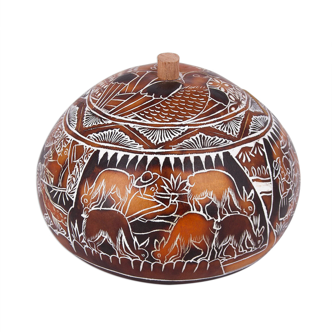 Hand Carved Gourd Decorative Box with Harvest Festival Scene - Harvest Festival