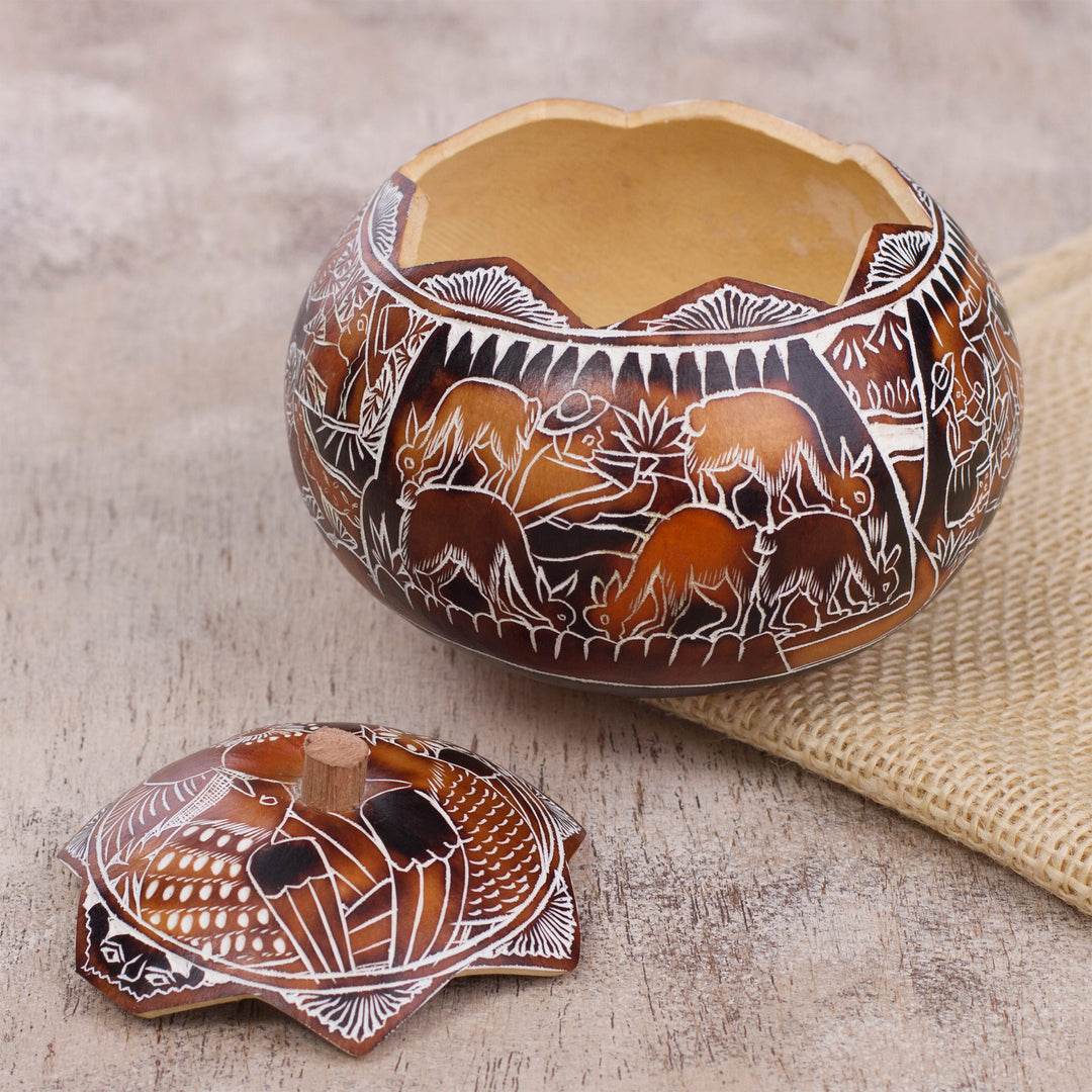 Hand Carved Gourd Decorative Box with Harvest Festival Scene - Harvest Festival