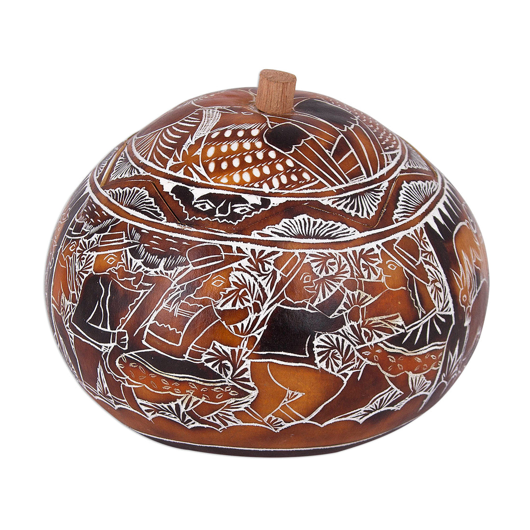 Hand Carved Gourd Decorative Box with Harvest Festival Scene - Harvest Festival