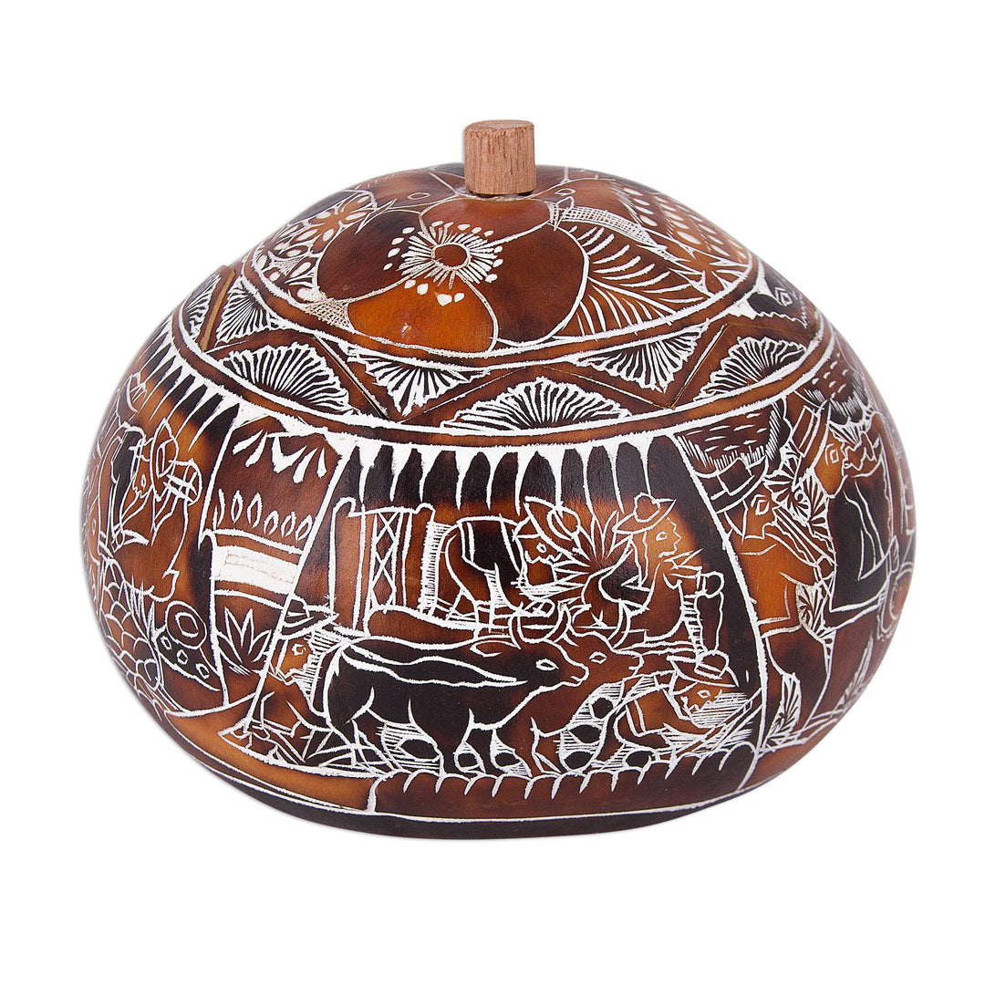 Hand Carved Gourd Decorative Box with Harvest Festival Scene - Harvest Festival