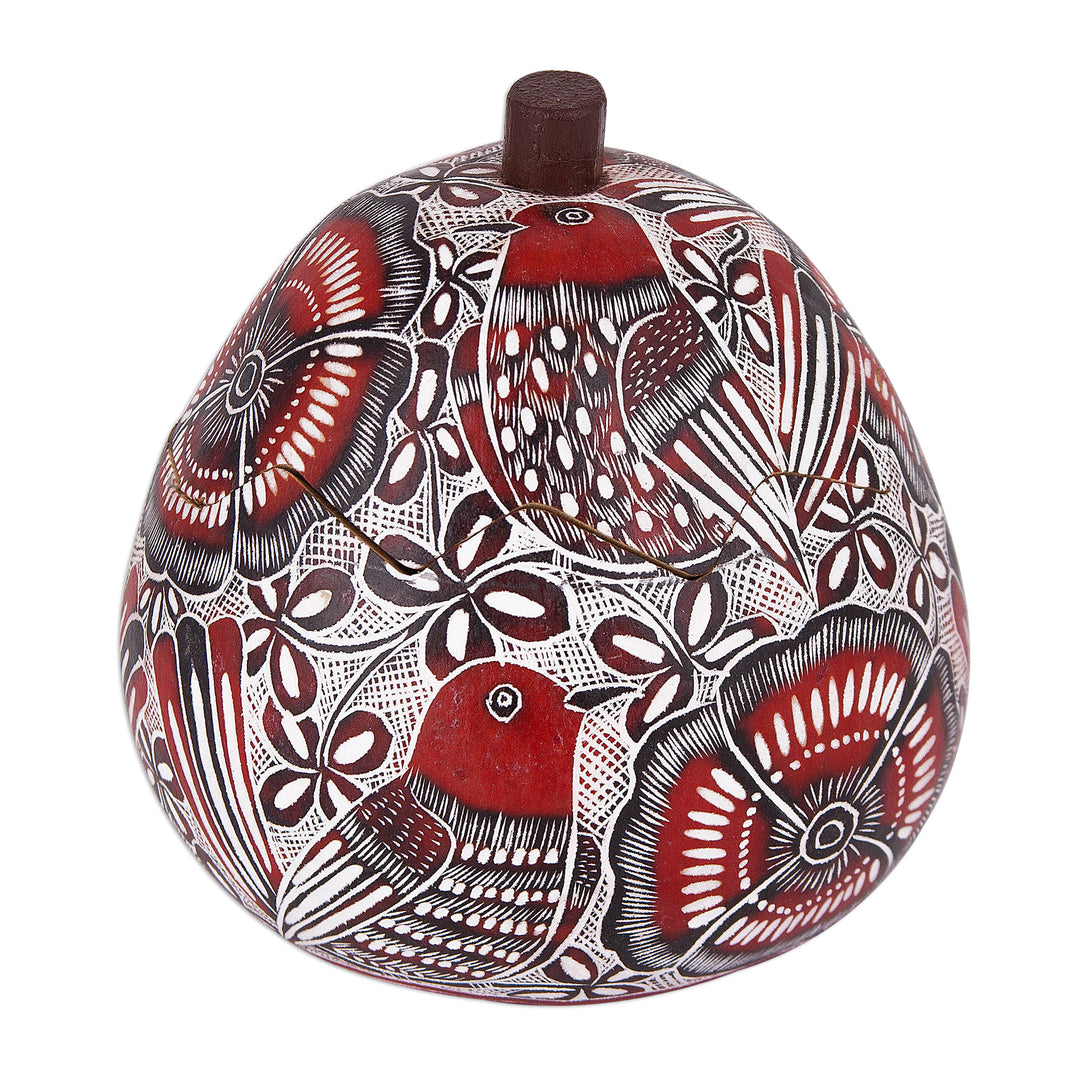 Red Birds and Flowers Hand Carved Gourd Decorative Box - Redbird's Song