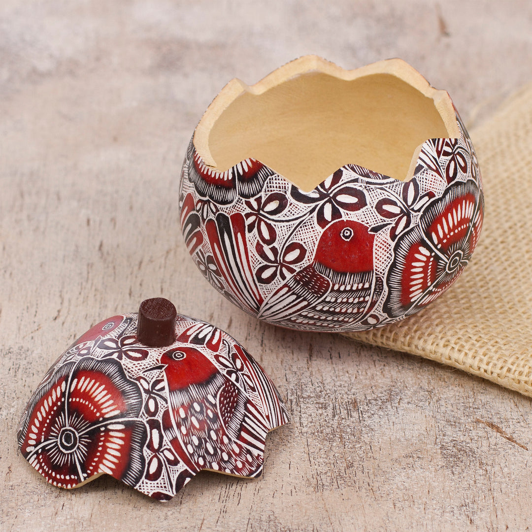 Red Birds and Flowers Hand Carved Gourd Decorative Box - Redbird's Song
