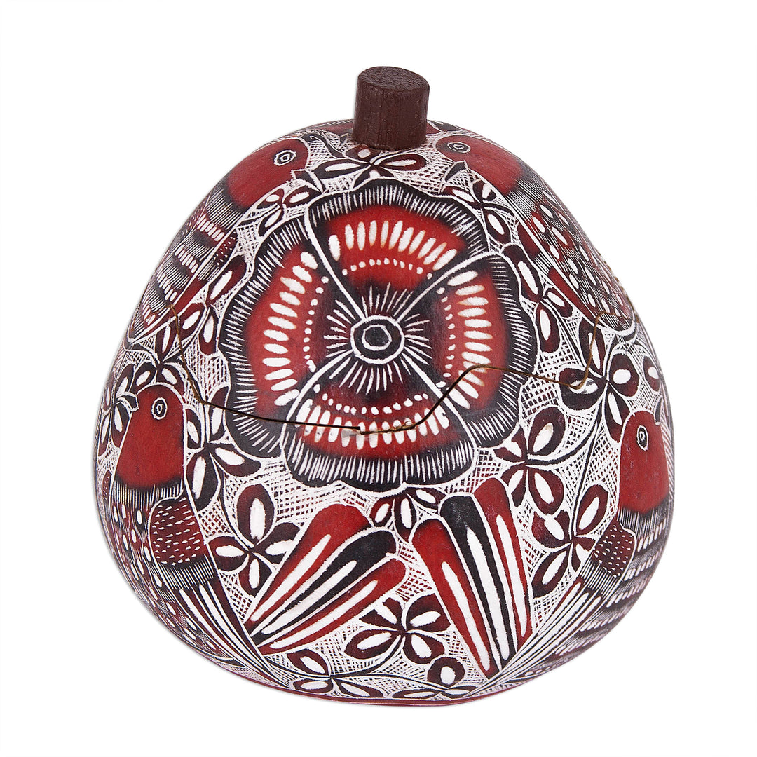 Red Birds and Flowers Hand Carved Gourd Decorative Box - Redbird's Song