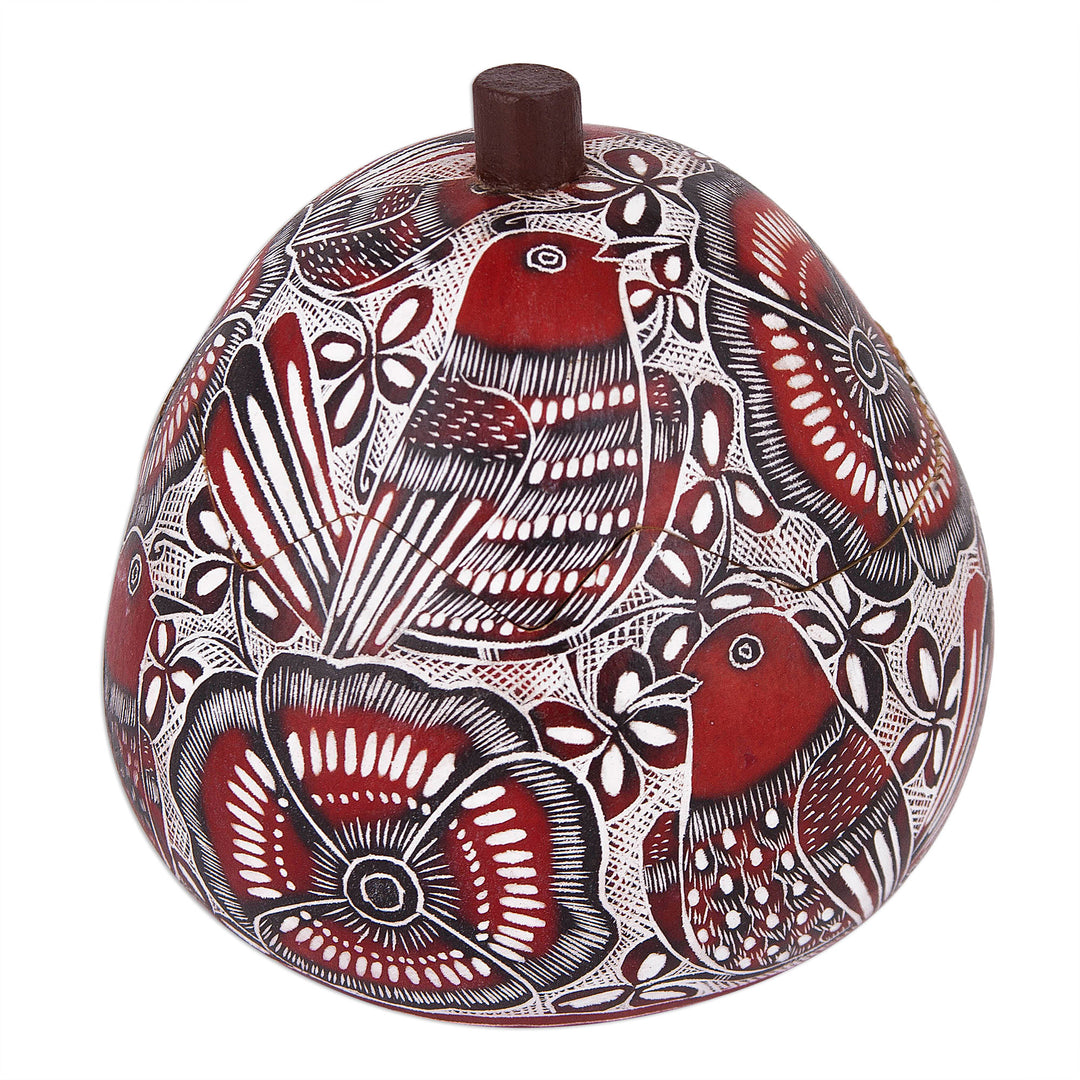 Red Birds and Flowers Hand Carved Gourd Decorative Box - Redbird's Song