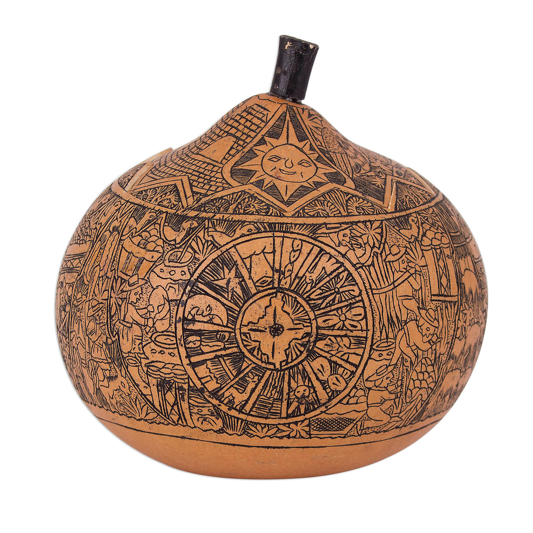 Hand Carved Andean Trilogy Sun and Moon Gourd Decorative Box - Andean Trilogy
