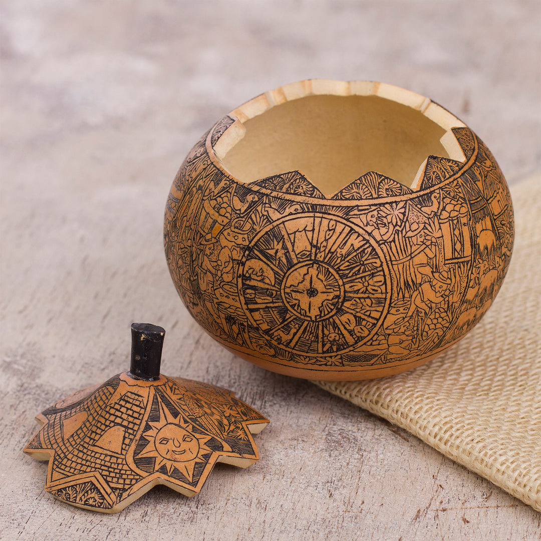 Hand Carved Andean Trilogy Sun and Moon Gourd Decorative Box - Andean Trilogy