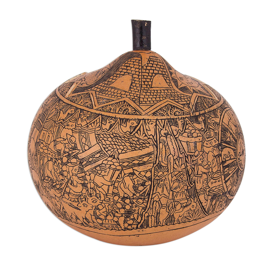 Hand Carved Andean Trilogy Sun and Moon Gourd Decorative Box - Andean Trilogy