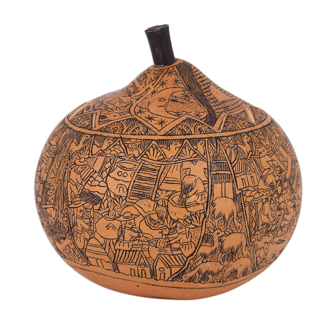 Hand Carved Andean Trilogy Sun and Moon Gourd Decorative Box - Andean Trilogy
