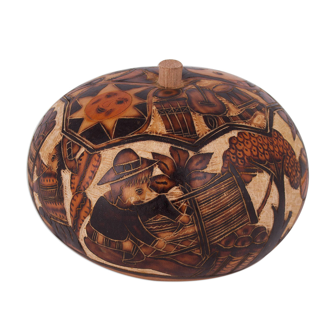Hand Carved Andean Traditional Village Gourd Decorative Box - Honoring Tradition