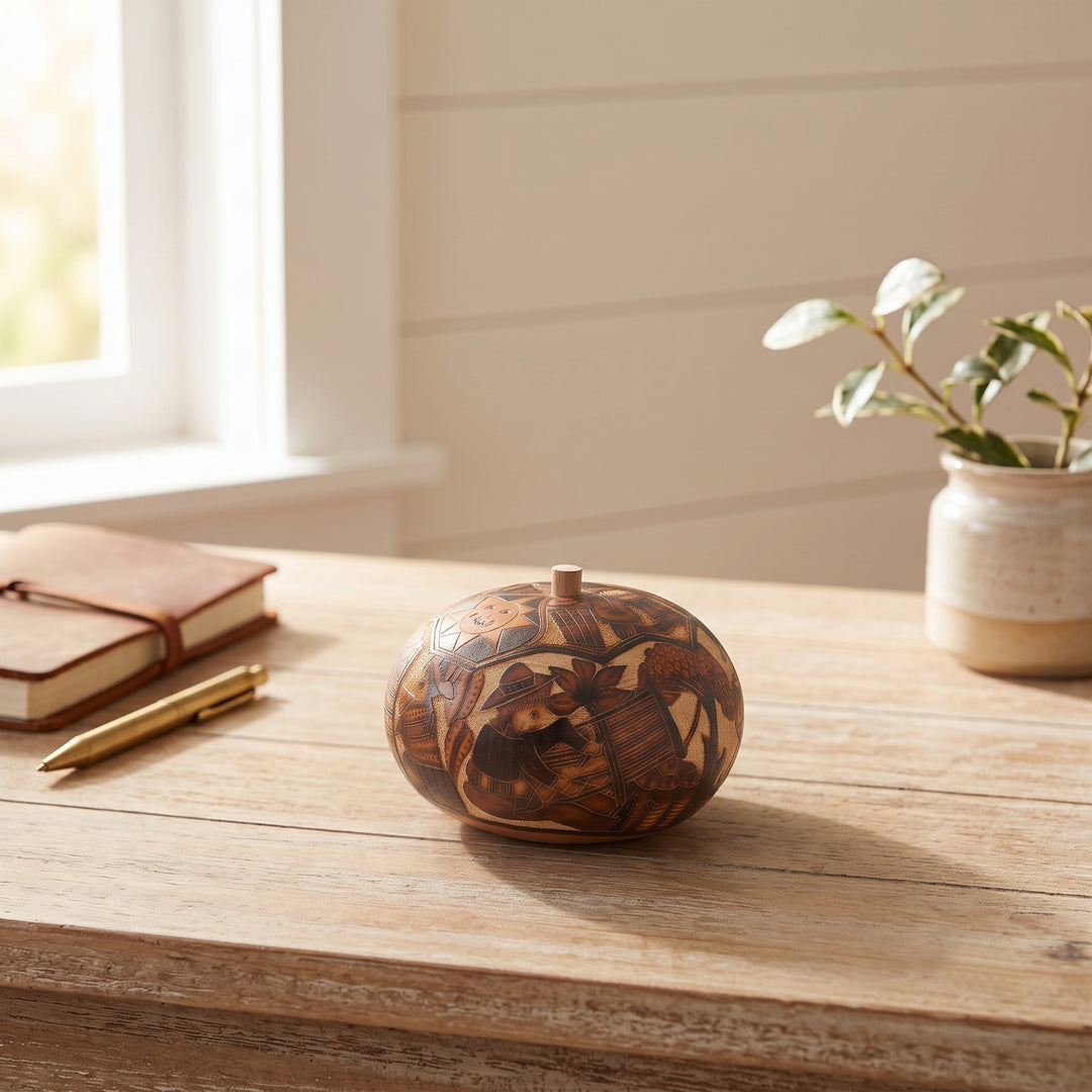 Hand Carved Andean Traditional Village Gourd Decorative Box - Honoring Tradition
