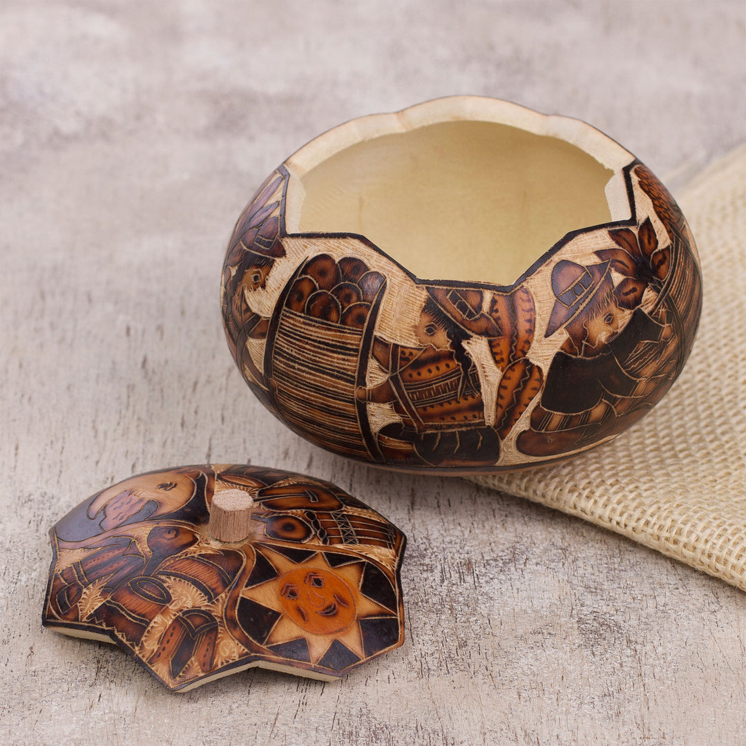 Hand Carved Andean Traditional Village Gourd Decorative Box - Honoring Tradition