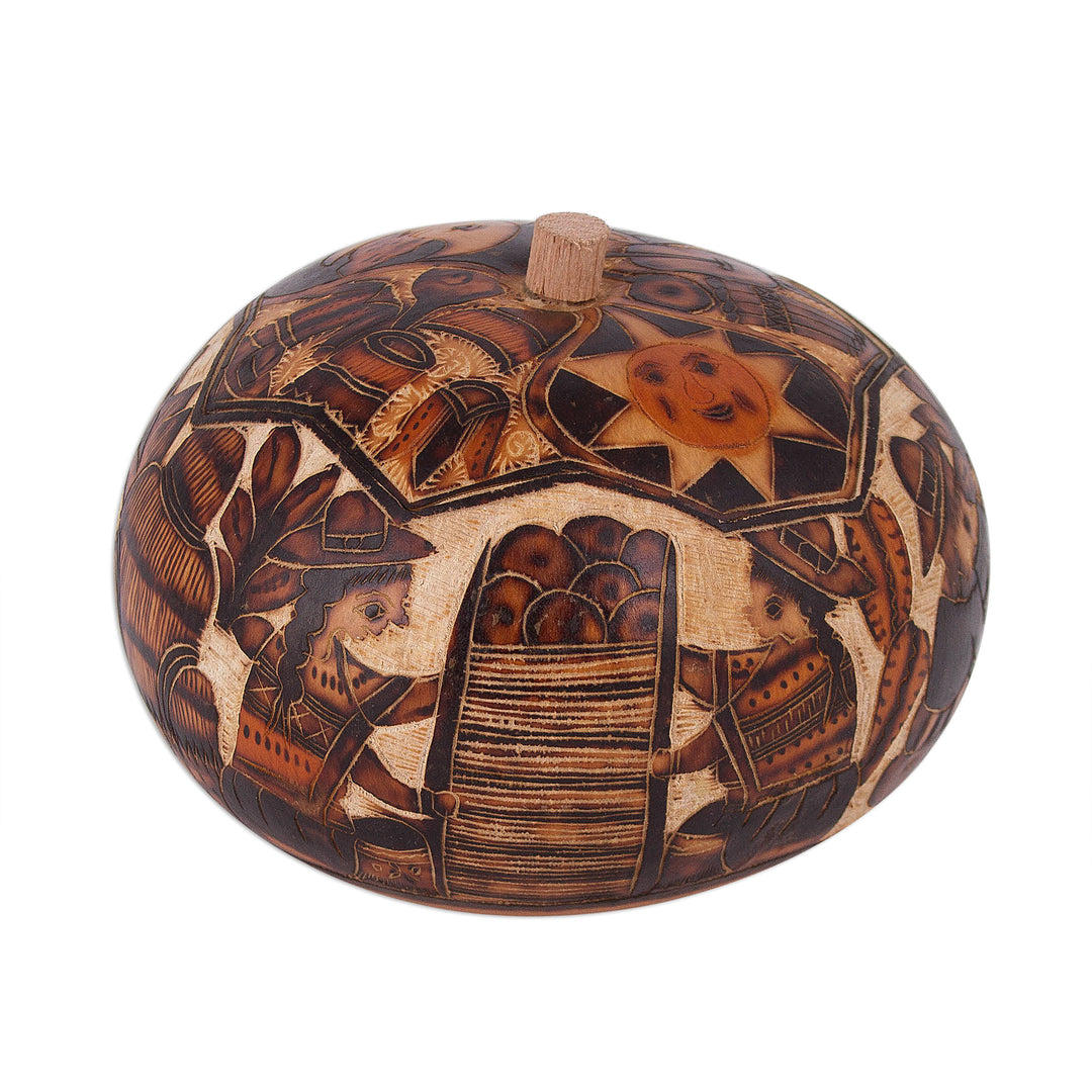 Hand Carved Andean Traditional Village Gourd Decorative Box - Honoring Tradition