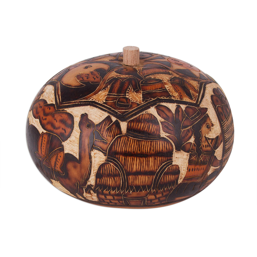 Hand Carved Andean Traditional Village Gourd Decorative Box - Honoring Tradition