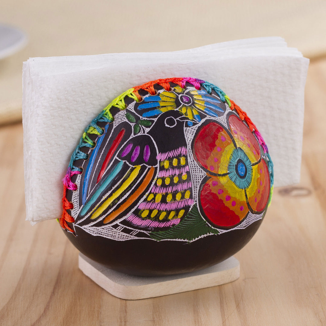 Colorful Bird and Flowers Hand Painted Gourd Napkin Holder - Bright Song
