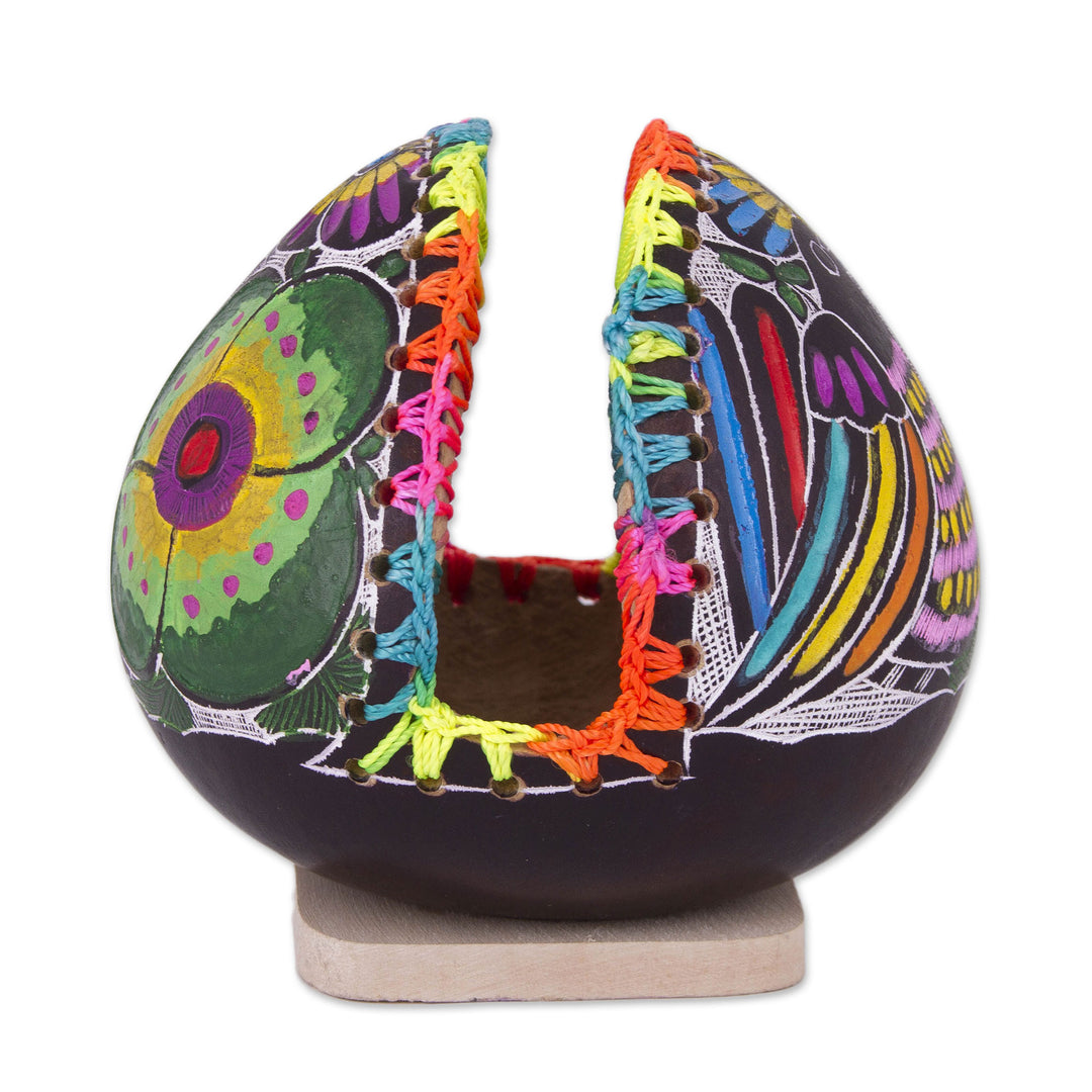 Colorful Bird and Flowers Hand Painted Gourd Napkin Holder - Bright Song