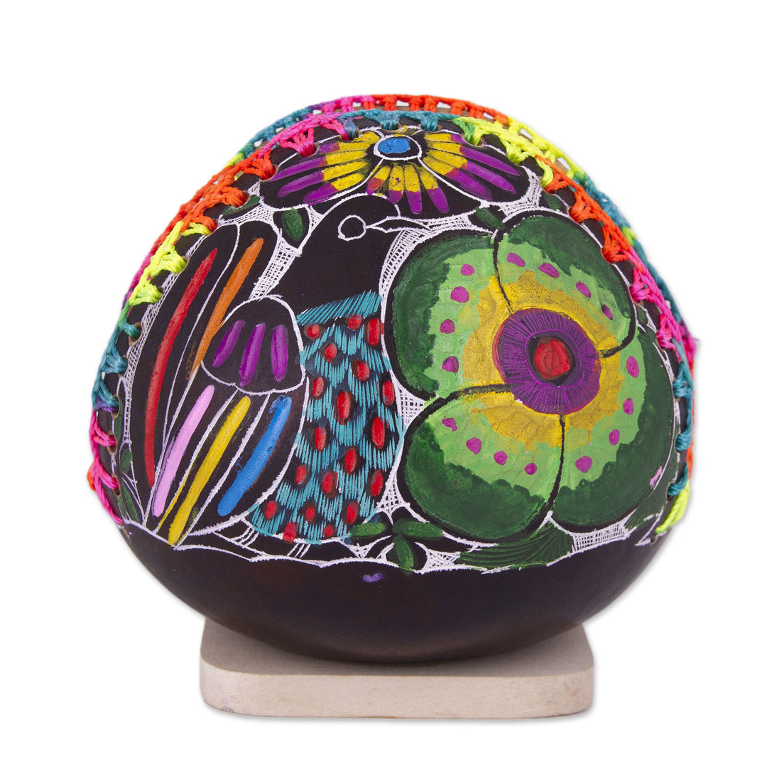 Colorful Bird and Flowers Hand Painted Gourd Napkin Holder - Bright Song