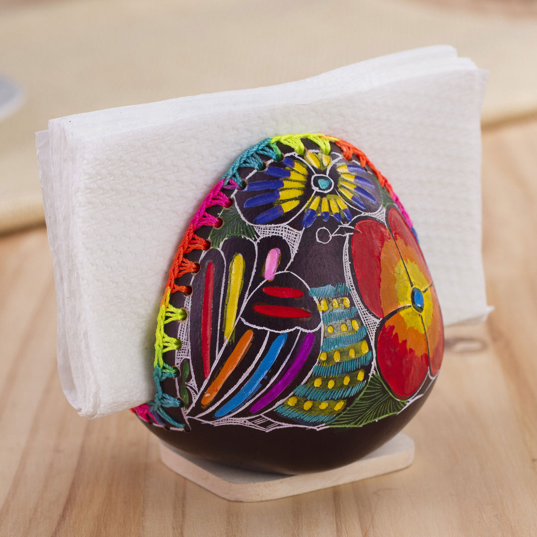 Colorful Bird and Flowers Hand Painted Gourd Napkin Holder - Birdsong Garden