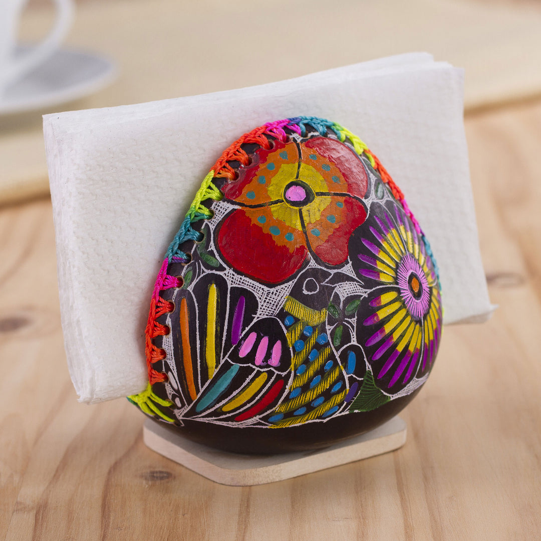 Colorful Bird and Flowers Hand Painted Gourd Napkin Holder - Birdsong Bloom
